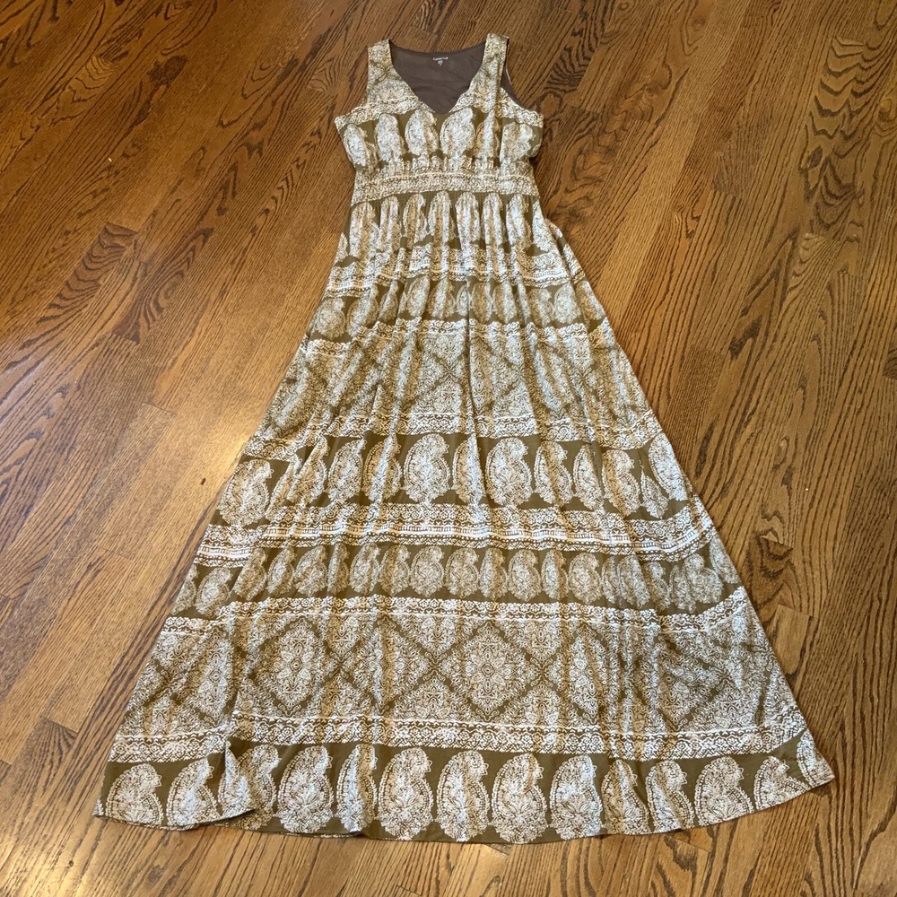 Garnet Hill Women's Size XS Maxi Dress Boho Print Tribal Brown EUC